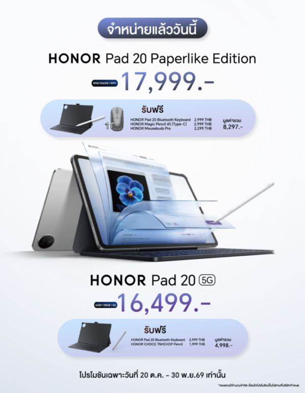เปิดตัว HONOR Pad 20 Paperlike Edition และ HONOR Pad 20 5G ชูจุดเด่นหน้าจอ 3K ประสิทธิภาพการทำงานระดับ PC-Class พร้อมด้วย HONOR Watch 6 สมาร์ตวอตช์ แบตอึดสำหรับสายแอ็กทีฟ เริ่มวางจำหน่ายตั้งแต่ 20 ต.ค. 69 เป็นต้นไป